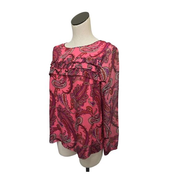 J. Crew Ruffle-Front Silk Chiffon Top‎ Vibrant Paisley Pink Womens Size 6 - Picture 1 of 11